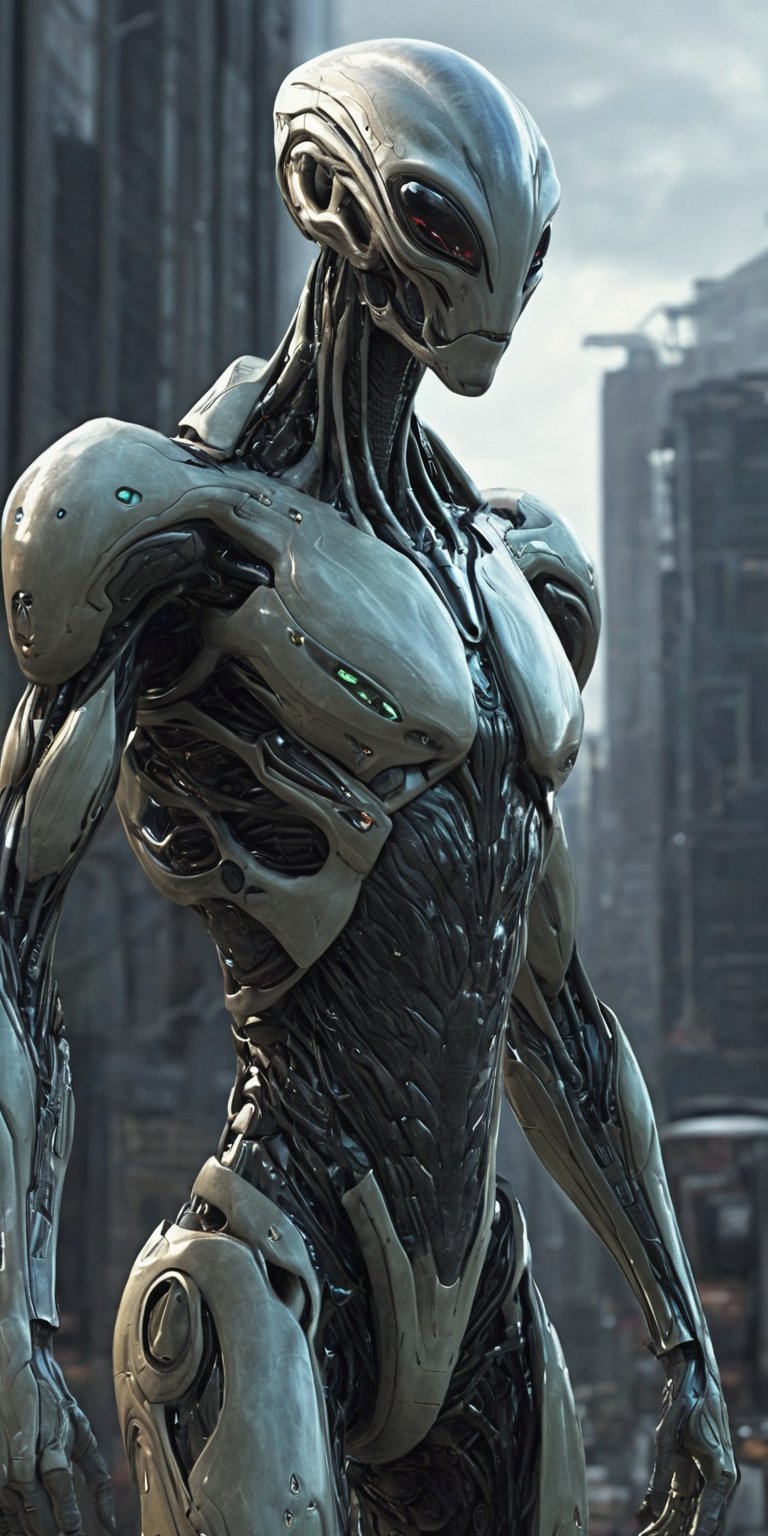 Generate hyper realistic image of an alien sentinel capable of shaping and manipulating energy, using its powers to protect the denizens of a futuristic world from imminent threats.