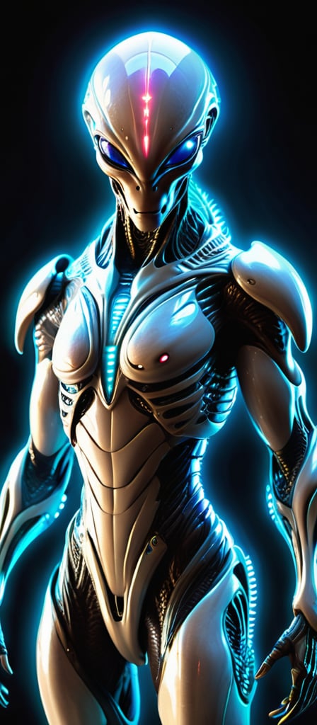 Create a spine-chilling image of an alien creature adorned in Hi-Tech biometric glowing armor, radiating a deadly and intimidating aura. Showcase the alien's otherworldly features and cutting-edge technology, resulting in a mesmerizing and frightening visual narrative. ((Full body)), 