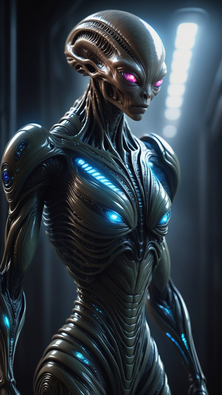 woman Create a spine-chilling image of an alien creature adorned in Hi-Tech biometric glowing armor,  radiating a deadly a...