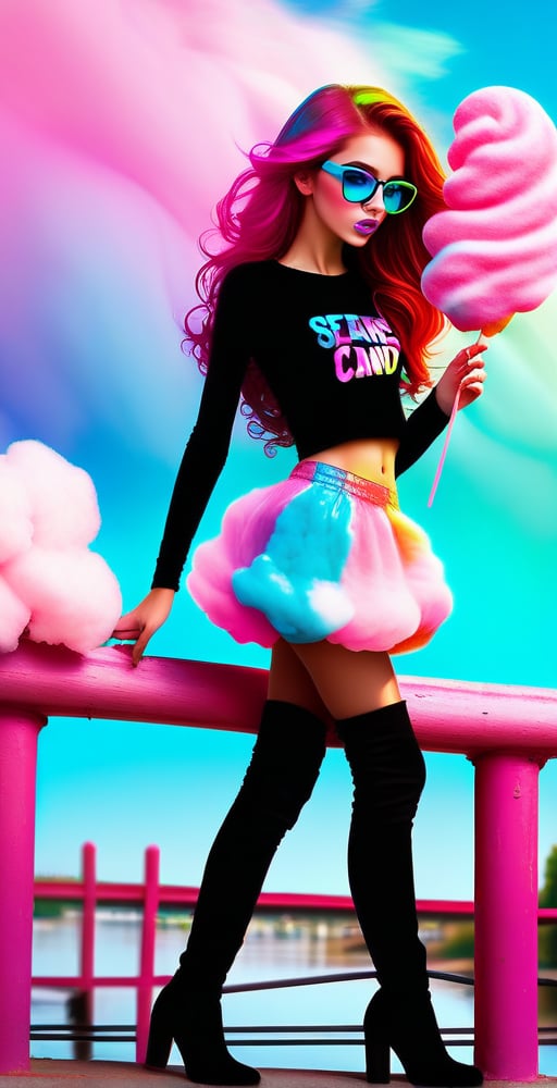 (full body shot:1.4), a teenage girl, 13 yo, skinny body, perfect face, perfect body, long wavy hair, pink hair, rainbow glasses, red velvet skirt, showing belly, (black see-through t-shirt:1.3), black mesh top, black laces top, very sexy attitude, (eating cotton candy:1.4), leaning on a fence, on a bridge, near a lake, detailed_background, high heels, (long over the knee boots:1.4), cotton candy atmosphere,see-through clothes, flying butterflies, stars, rainbow