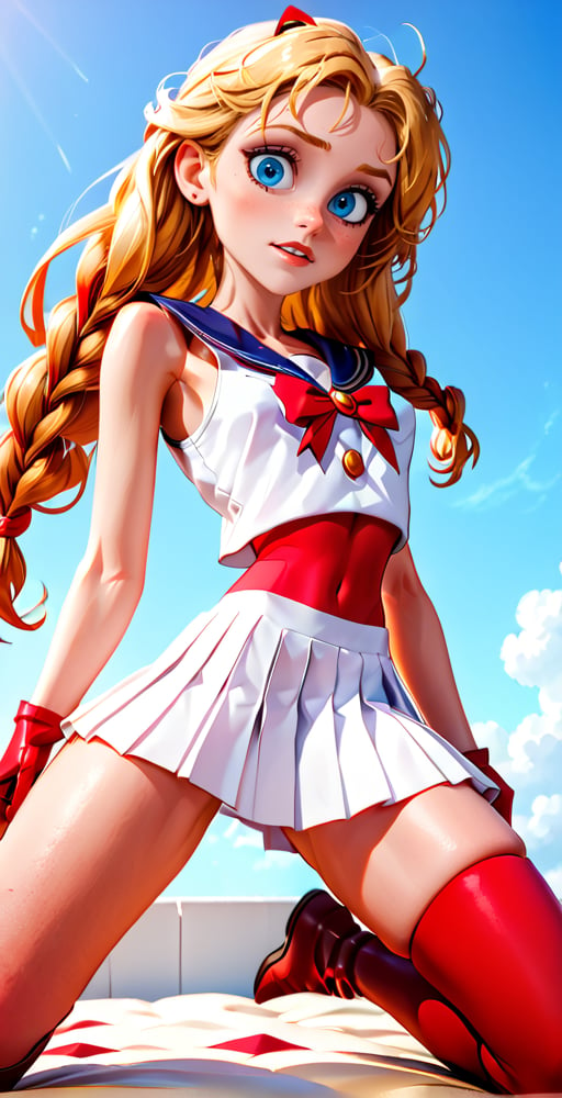 (Full body shot:1.4),  low angle view, ultra realistic photography,  a young Sailor Moon laying in a bed, on all fours, on her knees,  in daylight, perfect face, beautiful face, skinny body, blond hair, freckles, 12yo, very happy, smile, red lipstick, detailled background, long smooth hair, twin_braid, very long hair, perfect boobs,  white tank top, pleated miniskirt, showing belly, red over the knee boots, red lipstick, blue eyes, holding a scepter and a whip,hanging hair,thylane,skirtlift, ((full body shot)),disney pixar style,pussy_fingering 