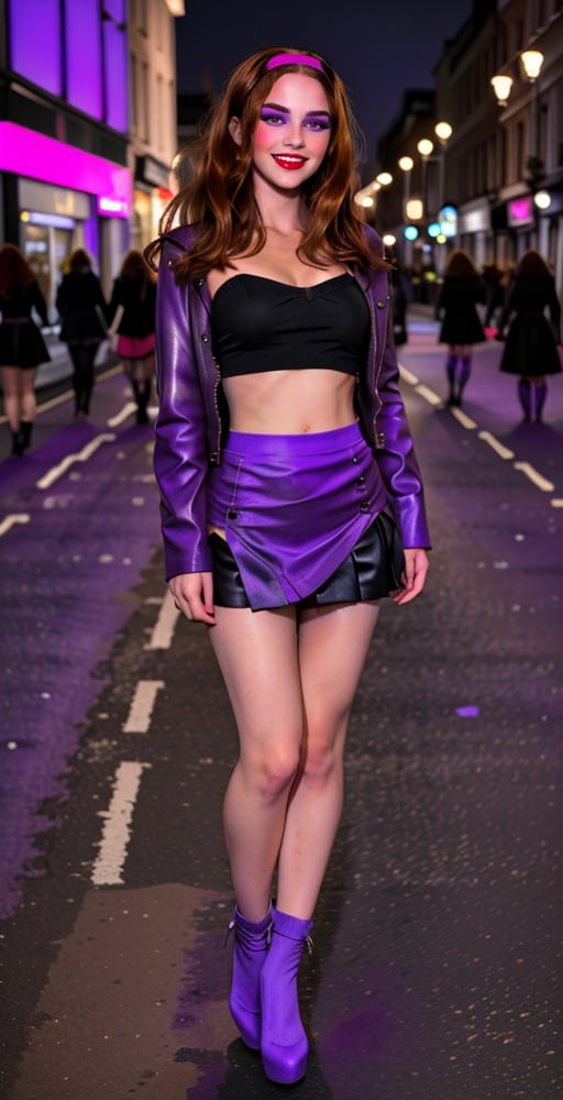 (Full body shot:1.4),  ultra realistic photography,  a young Daphne Blake standing in a busy street of London, in daylight, crowded place, skinny body, perfect face, beautiful face, perfect body, long wavy red hair, purple bow in the hair, perfect boobs, 12yo, shy smile, red lipstick, detailled background, perfect boobs, (purple thight miniskirt:1.4), purple bra, leather jacket, showing belly, high heels, fishnets tights, undersized clothes,long ginger hair,hairband,makeup,BimboMakeup