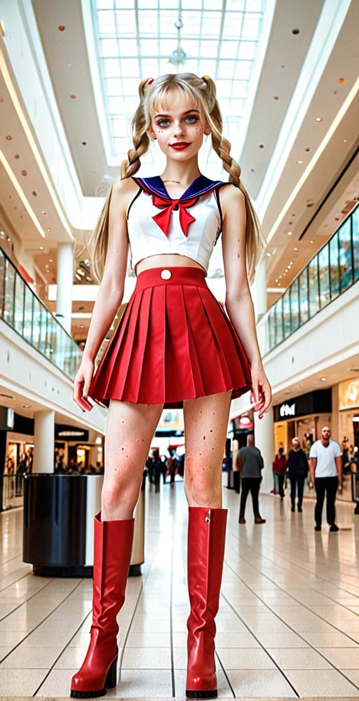 (Full body shot:1.4),  low angle view, ultra realistic photography,  a young Sailor Moon in a mall, crowded mall, perfect face, beautiful face, skinny body, blond hair, freckles, 12yo, very happy, smile, red lipstick, detailled background, long smooth hair, twin_braid, very long hair, perfect boobs, large breast, white fishnet tank top, pleated miniskirt, showing belly, red over the knee boots, red lipstick, blue eyes, hanging hair,thylane,skirtlift, ((full body shot)), band shirt, [Sailooor!!],see-through clothes