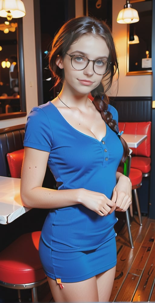 Full body shot, sideview, a young french waitress in a restaurant, with a long single braid, brown hair, blue eyes, 19yo, She's dressed in a marine blue tight pencil miniskirt that accentuate her toned physique and a vibrant marine blue t-shirt with cleavage. Her glasses perch delicately on the bridge of her nose, drawing attention to her flawless facial features with freckles. The subject's perfect body language exudes confidence and sexy charm.  perfect legs, perfect boobs,skinny, shy smile, perfect round tiny ass, ,one finger inside ass,anal fingering