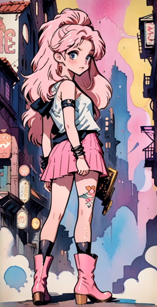 (full body shot),  A serene scene unfolds as a 16-year-old girl,  donning a pink miniskirt and one-shoulder tank top by us...