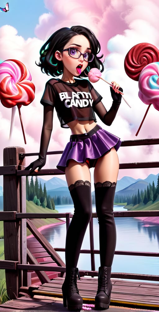 (full body shot:1.4), a teenage girl, 13 yo, skinny body, perfect face, perfect body, bimbo makeup, bob haircut, black hair, glasses, red velvet skirt, showing belly, (black see-through t-shirt:1.3), black mesh top, black laces top, very sexy attitude, (eating cotton candy:1.4), leaning on a fence, on a bridge, near a lake, detailed_background, high heels, (long over the knee boots:1.4), cotton candy atmosphere,see-through clothes, flying butterflies, stars,disney pixar style