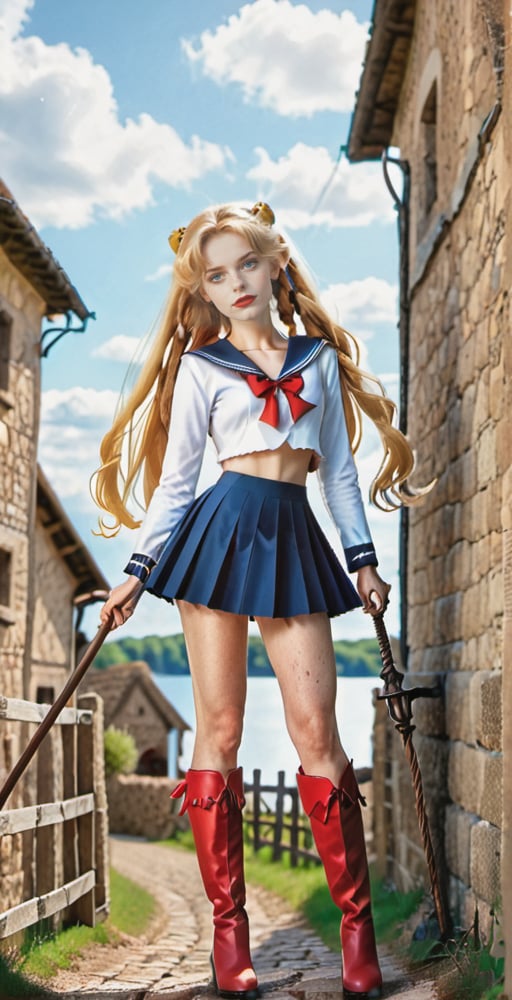 (Full body shot:1.4),  low angle view, ultra realistic photography,  a young Sailor Moon leaning on a fence in a medieval village, in daylight, perfect face, beautiful face, skinny body, blond hair, freckles, 12yo, very happy, smile, red lipstick, detailled background, long smooth hair, twin_braid, very long hair, perfect boobs,  white and blue top, red bow, pleated miniskirt, showing belly, red over the knee boots, red lipstick, blue eyes, holding a scepter and a whip,hanging hair,thylane,skirtlift