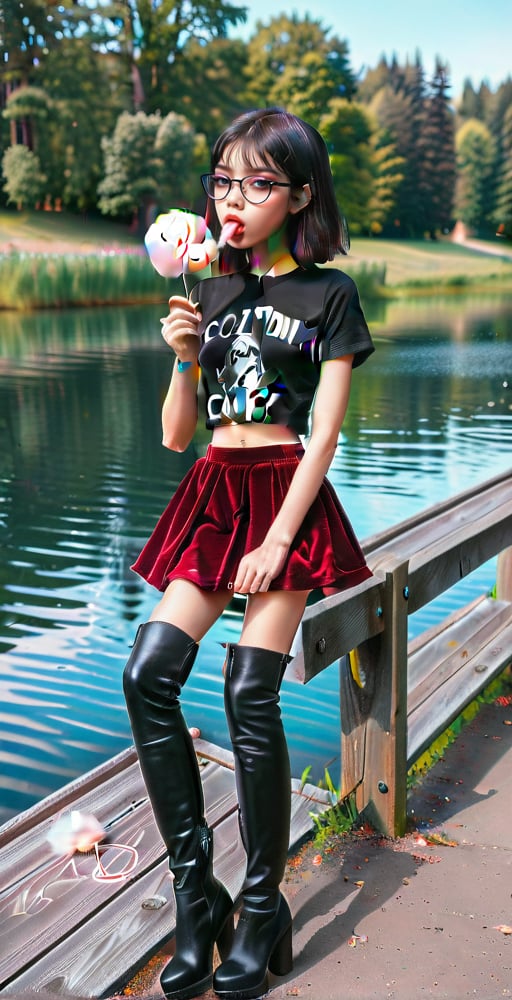 (full body shot:1.4), a teenage girl, 13 yo, skinny body, perfect face, perfect body, bimbo makeup, bob haircut, black hair, glasses, red velvet skirt, showing belly, black see-through t-shirt, very sexy attitude, (eating cotton candy:1.4), leaning on a fence, on a bridge, near a lake, detailed_background, high heels, long over the knee boots, cotton candy atmosphere