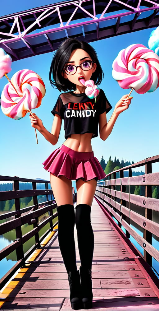 (full body shot:1.4), a teenage girl, 13 yo, skinny body, perfect face, perfect body, bimbo makeup, bob haircut, black hair, glasses, red velvet skirt, showing belly, (black see-through t-shirt:1.3), black mesh top, black laces top, very sexy attitude, (eating cotton candy:1.4), leaning on a fence, on a bridge, near a lake, detailed_background, high heels, (long over the knee boots:1.4), cotton candy atmosphere,see-through clothes, flying butterflies, stars,disney pixar style