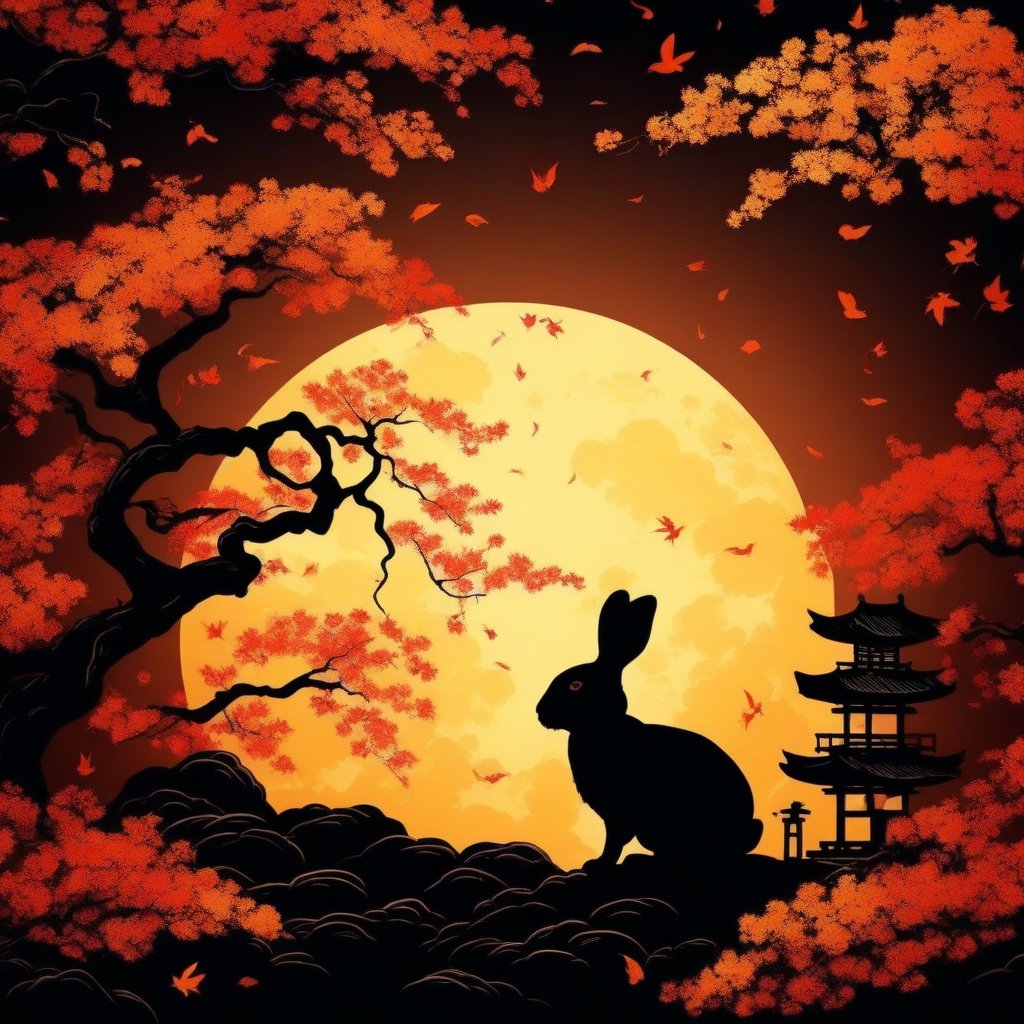 a silhouette rabbit \(animal\), (full moon), (autumn theme), (silhouette style:1.6), white background, (japanese styyle pattern backgrund), masterpiece, absurdres, highres, ukiyoe, night,japanese art,japanese style