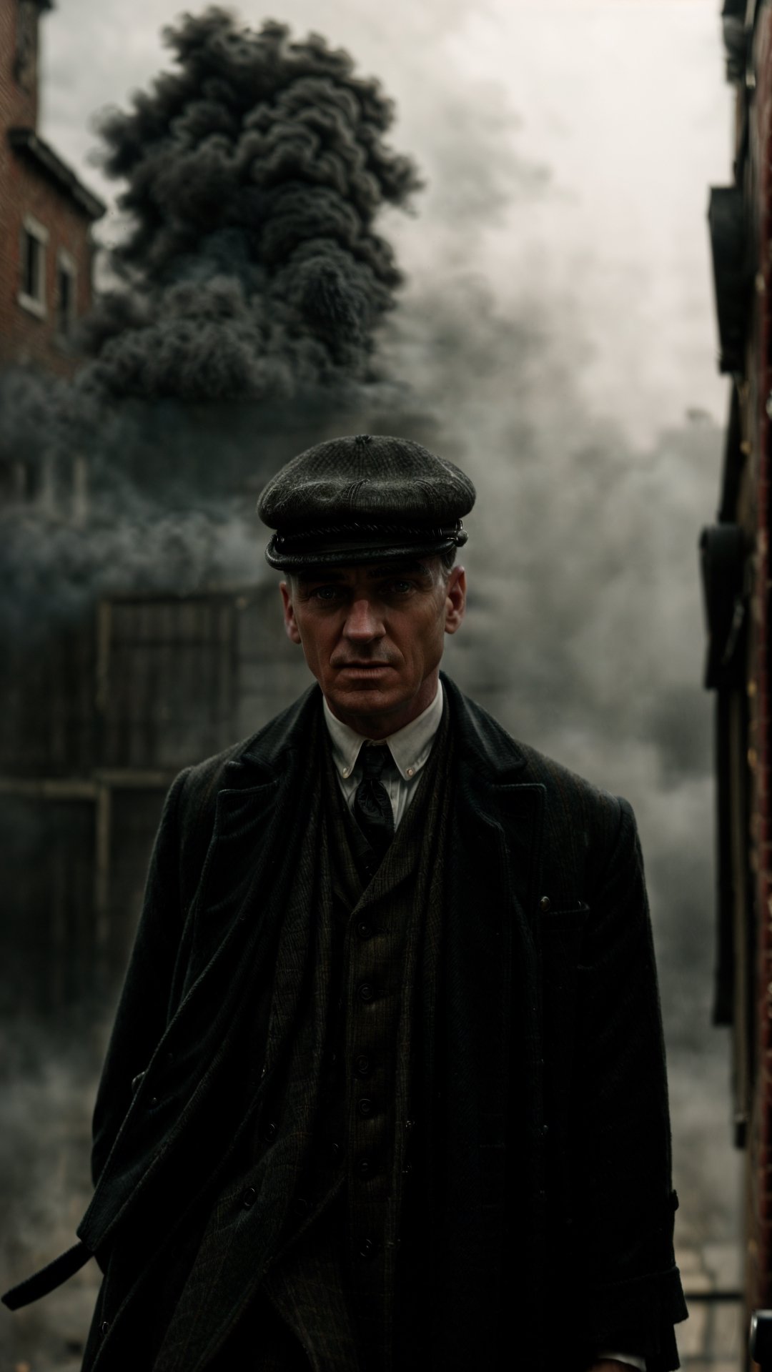 color photo of "Peaky Blinders"
A gritty portrait of the Shelby family, their faces masked by shadows, showcasing their sharp suits, flat caps, and fierce expressions. The scene is set in the dimly lit streets of Birmingham, with smoke billowing from factory chimneys and cobblestone roads. The atmosphere is tense, with a hint of danger lingering in the air. The camera captures the essence of the 1920s era, bringing to life the roaring spirit of the Peaky Blinders. The photo is captured with a vintage Leica M3 camera, using Kodak Portra 400 film to enhance the rich colors and tones. The lens used is a 50mm f/1.4, allowing for a shallow depth of field and dramatic focus on the characters. Directed by Martin Scorsese, cinematography by Roger Deakins, photography by Annie Leibovitz, and fashion design by Alexander McQueen