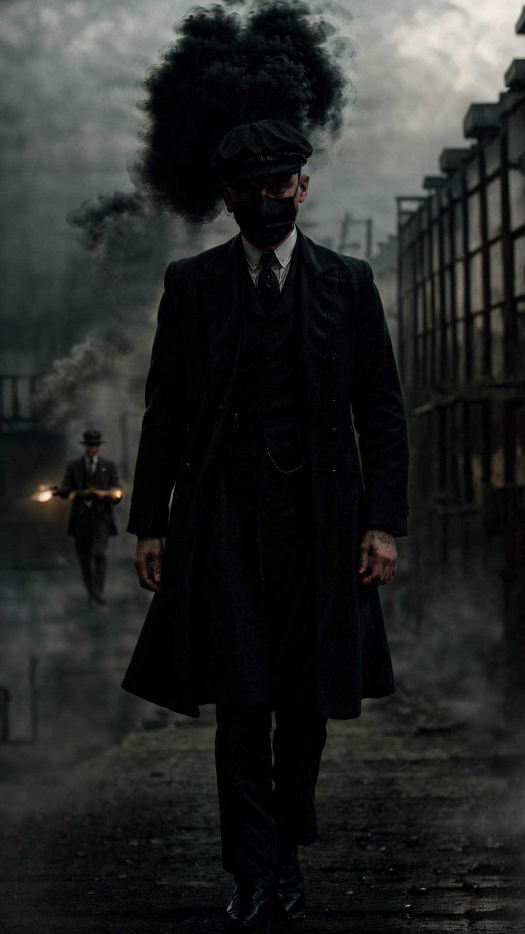 color photo of "Peaky Blinders"
A gritty portrait of the Shelby family, their faces masked by shadows, showcasing their sharp suits, flat caps, and fierce expressions. The scene is set in the dimly lit streets of Birmingham, with smoke billowing from factory chimneys and cobblestone roads. The atmosphere is tense, with a hint of danger lingering in the air. The camera captures the essence of the 1920s era, bringing to life the roaring spirit of the Peaky Blinders. The photo is captured with a vintage Leica M3 camera, using Kodak Portra 400 film to enhance the rich colors and tones. The lens used is a 50mm f/1.4, allowing for a shallow depth of field and dramatic focus on the characters. Directed by Martin Scorsese, cinematography by Roger Deakins, photography by Annie Leibovitz, and fashion design by Alexander McQueen