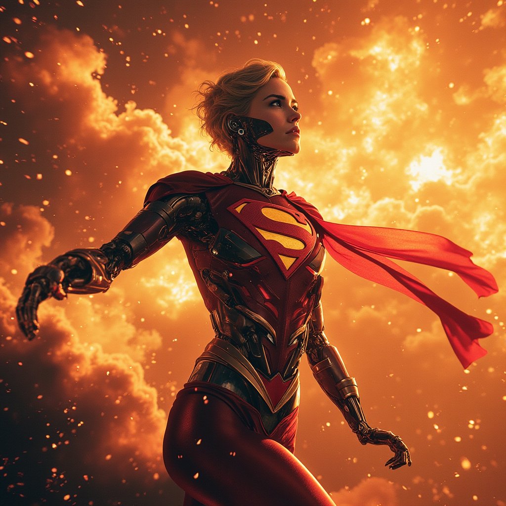 Cyborg supergirl in the middle of an explosion in space.