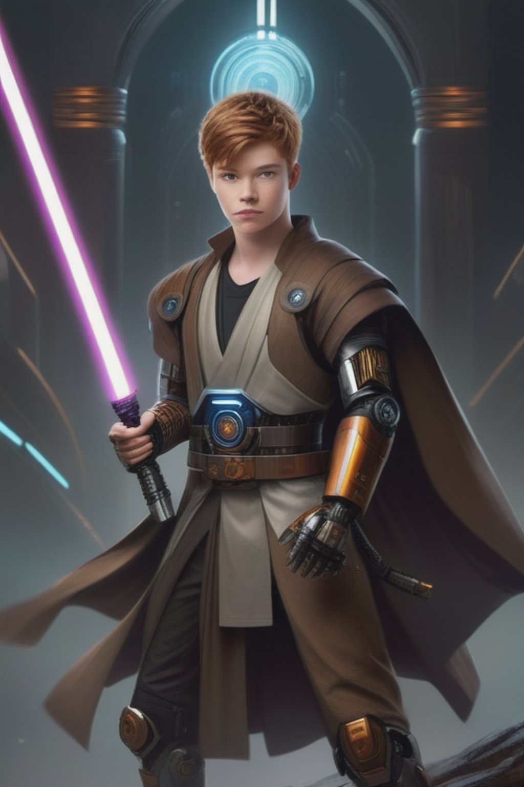 25 year old Calum Worthy dressed as Jedi Knight, cyborg arm and leg, cyborg style,DonMCyb3rN3cr0XL ,mecha,portraitart