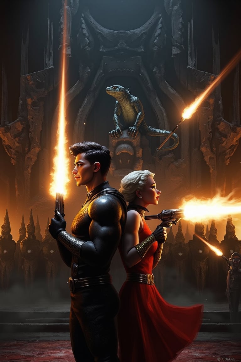 In a dark, dimly lit throne room, Flash Gordon, a man, and Dale Arden, a bueatiful woman, stand back-to-back, their 50's-style laser guns blazing as they take down Ming's goons. The air is thick with smoke and the sound of crackling energy. A lizard man perches atop one of Ming's flying drone guards, its scaly skin glistening in the faint light as it surveys the chaos below. Amidst the mayhem, Flash and Dale exchange a bold, daring glance, their eyes locked on the enemy as they continue to rain down laser fire upon Ming's minions.