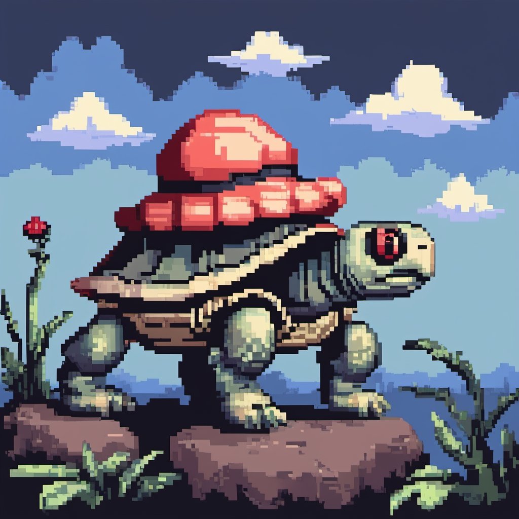 Turtle wearing a hat on the head, turtle's red eyes, limbs crawling forward, (full body), (side full body picture), sky blue background, (Pixel art:1.5), pixel style,pixelstyle,