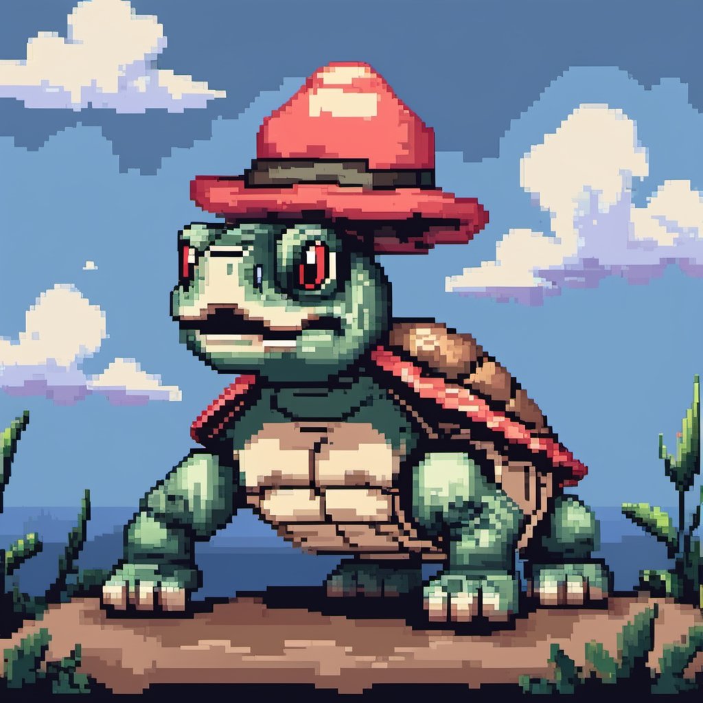 ((Turtle wearing a hat on the head)), turtle's red eyes, limbs crawling forward, (full body), (side full body picture), sky blue background, (Pixel art:1.5), pixel style,pixelstyle,