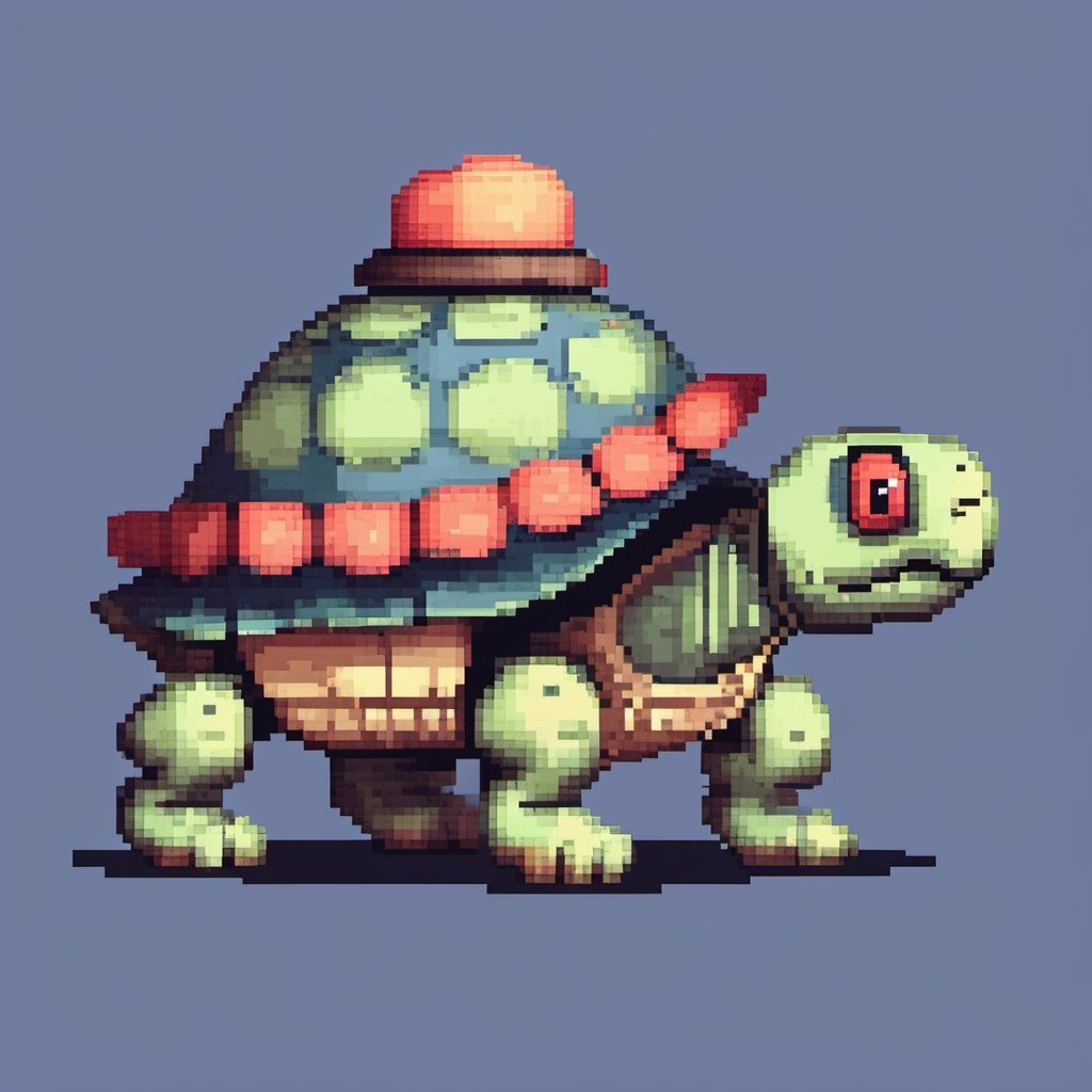 ((Turtle wearing a hat on the head)), turtle's red eyes, limbs crawling forward, (full body), (side full body picture), sky blue background, (Pixel art:1.5), pixel style,pixelstyle,