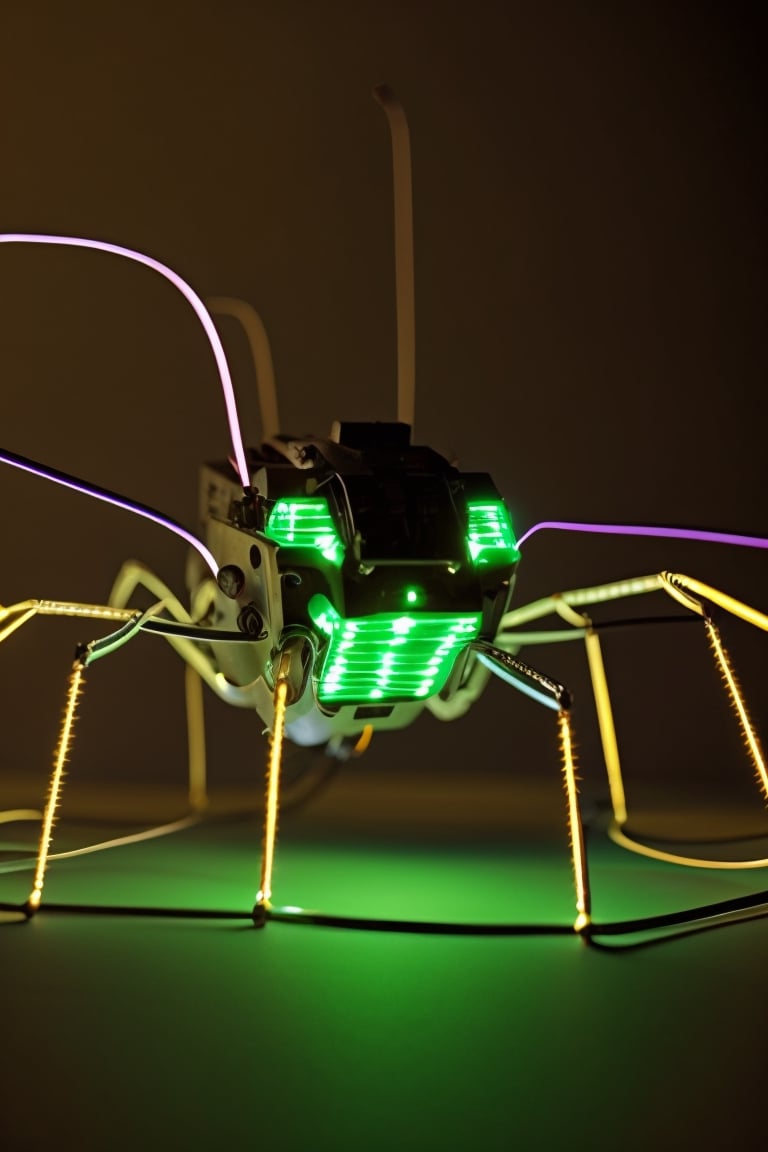 A cockroach composed of electronic components,
Head: Compound eyes formed from red and green LEDs, antennae from twisted wires, pulsating capacitor on forehead.
Thorax: Replaced with salvaged circuit board, featuring resistor "plates," glowing diodes, and connecting wires.
Legs: Spindly limbs with capacitor "knees," illuminating LEDs, and internal motors for movement.
Abdomen: Cluster of glowing LEDs, intricate network of wires.
Movement: Agile, with whirring joints and flickering LED eyes.
Overall: Eerie, yet fascinating technological marvel.
Tiny sparks, glowing dust trails. Erratic, unpredictable movements,
photorealistic,circuit_art,Masterpiece,photorealistic