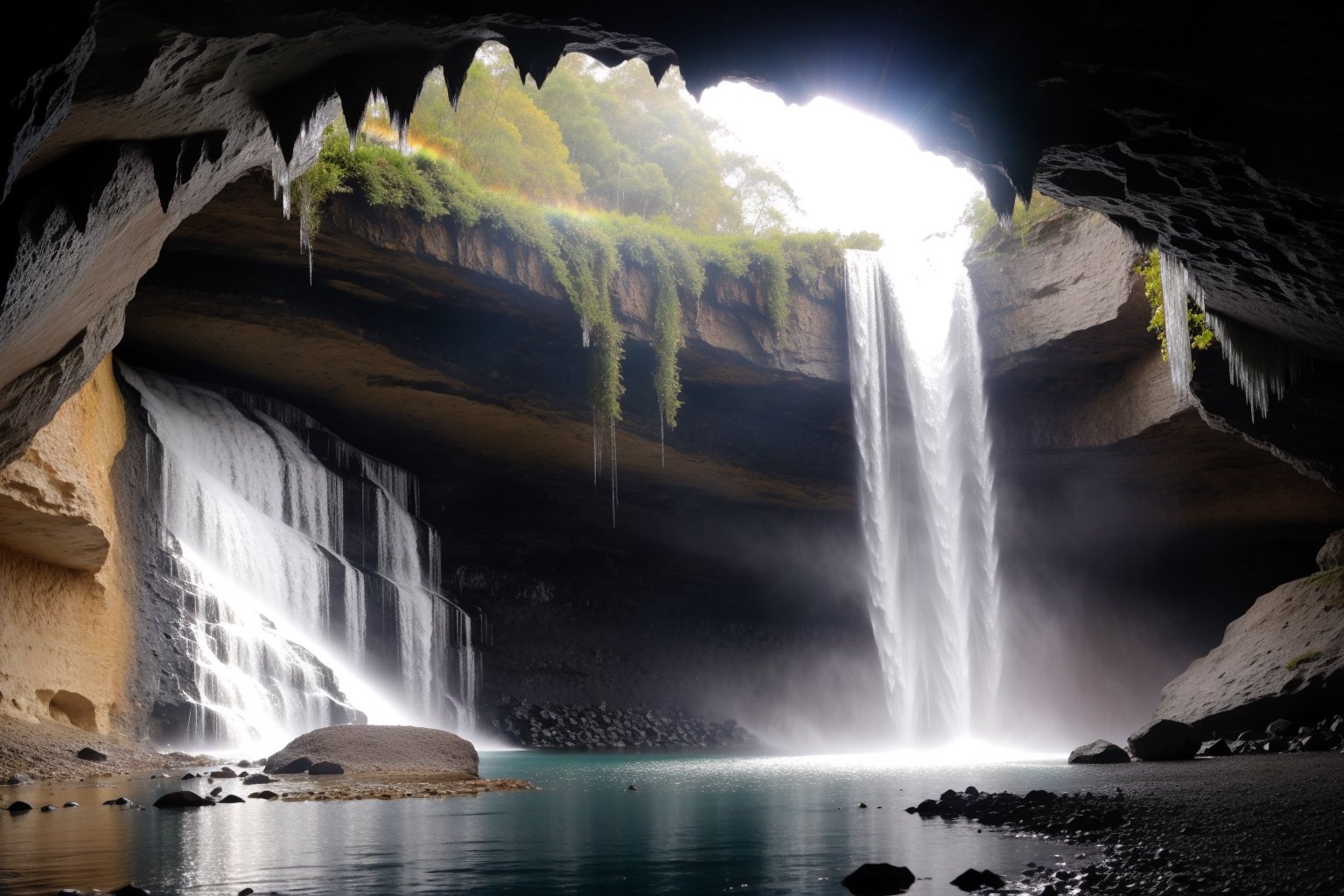 A cascading waterfall plunges through a crystal cavern,  creating a rainbow mist that illuminates sparkling gemstones embe...