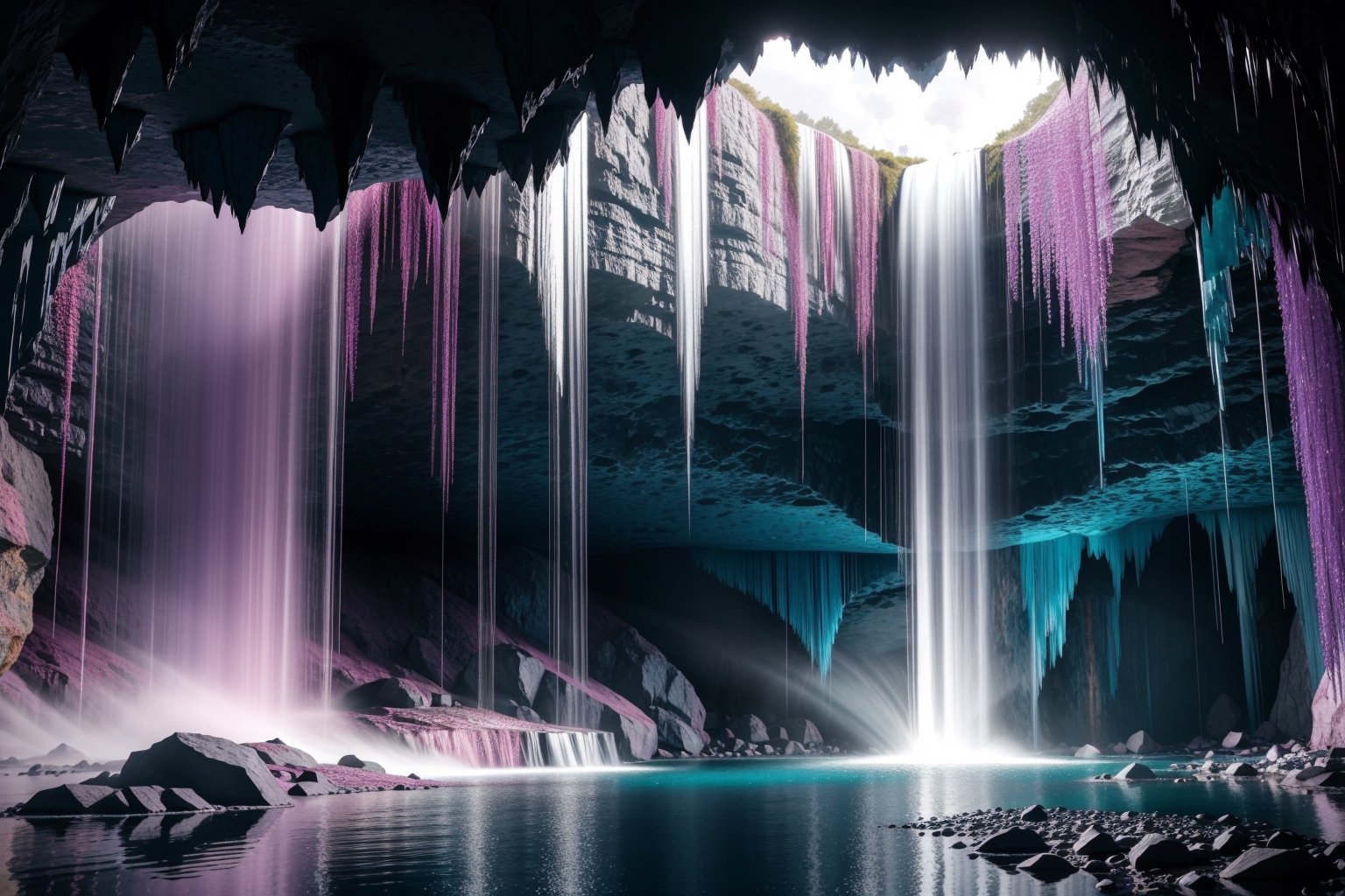 A cascading waterfall plunges through a crystal cavern,  creating a rainbow mist that illuminates sparkling gemstones embe...