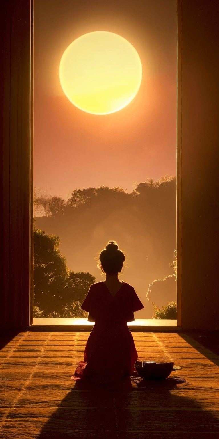 best quality,  masterpiece, hyper realistic, Generate a serene image portraying a woman immersed in the spiritual ambience of an Indian Ram Mandir Temple during the tranquil hours of dawn. Envision a scene that captures the unique serenity and devotion of her early morning visit. Temple Silhouette at Dawn: Visualize the majestic silhouette of the Ram Mandir Temple against the soft hues of the breaking dawn, casting a sacred and contemplative atmosphere. Illuminate the temple's intricate features as the first light gently touches its architecture. Golden Hour Illumination: Emphasize the warm, golden glow enveloping the surroundings as the sun begins to rise, creating a soft and enchanting illumination. Let the play of light and shadows enhance the spiritual energy that fills the temple in the early morning. Solitary Devotion: Capture the woman in a moment of solitary devotion, engaging in prayer and meditation within the temple's serene space. Convey the quietude and peace that she finds in the sacred surroundings during the tranquil dawn hours,gaoranger,photorealistic