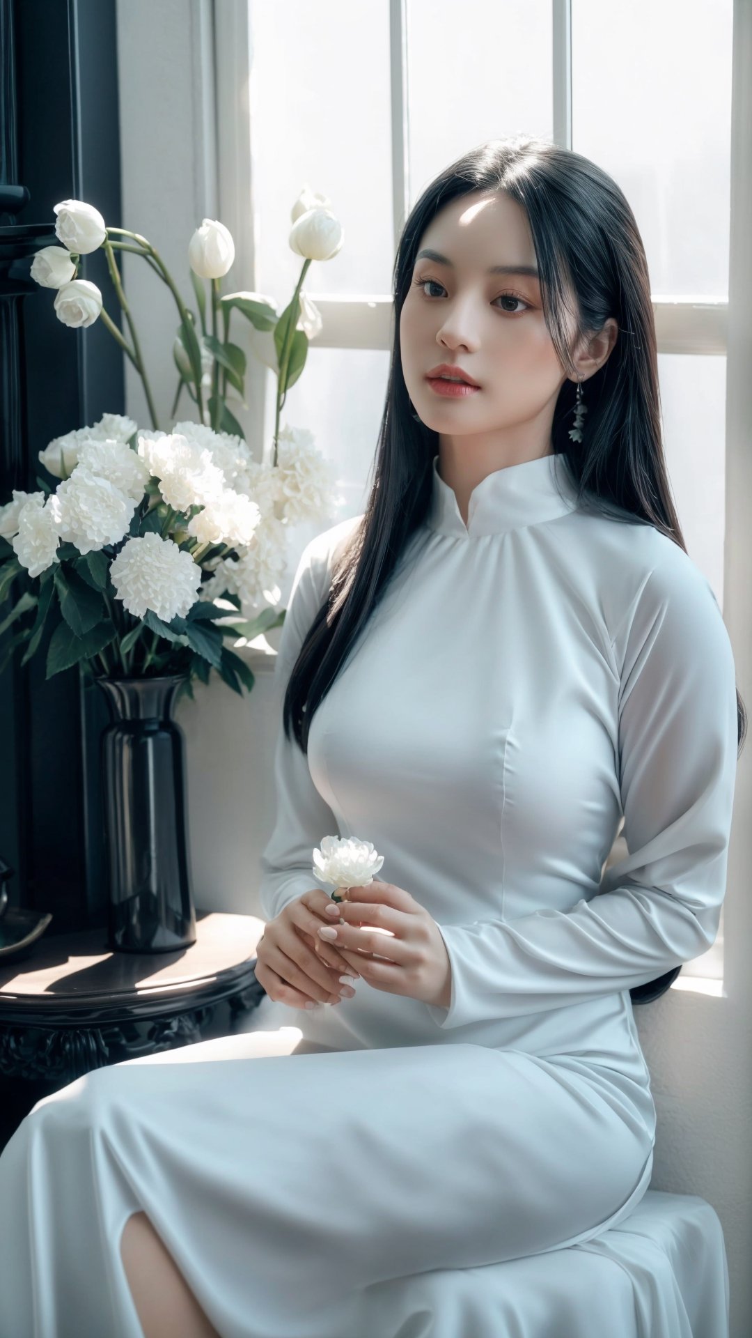 professional photo, 1girl, solo, large breasts, ultra detailed, hyper realistic, best quality, masterpiece, upper body, long black hair, vase of white flowers, white dress, long sleeves, beautiful, sitting , dim lit delicate room, blue light, detailed face, indoor, viet_beauty,photorealistic,1 girl