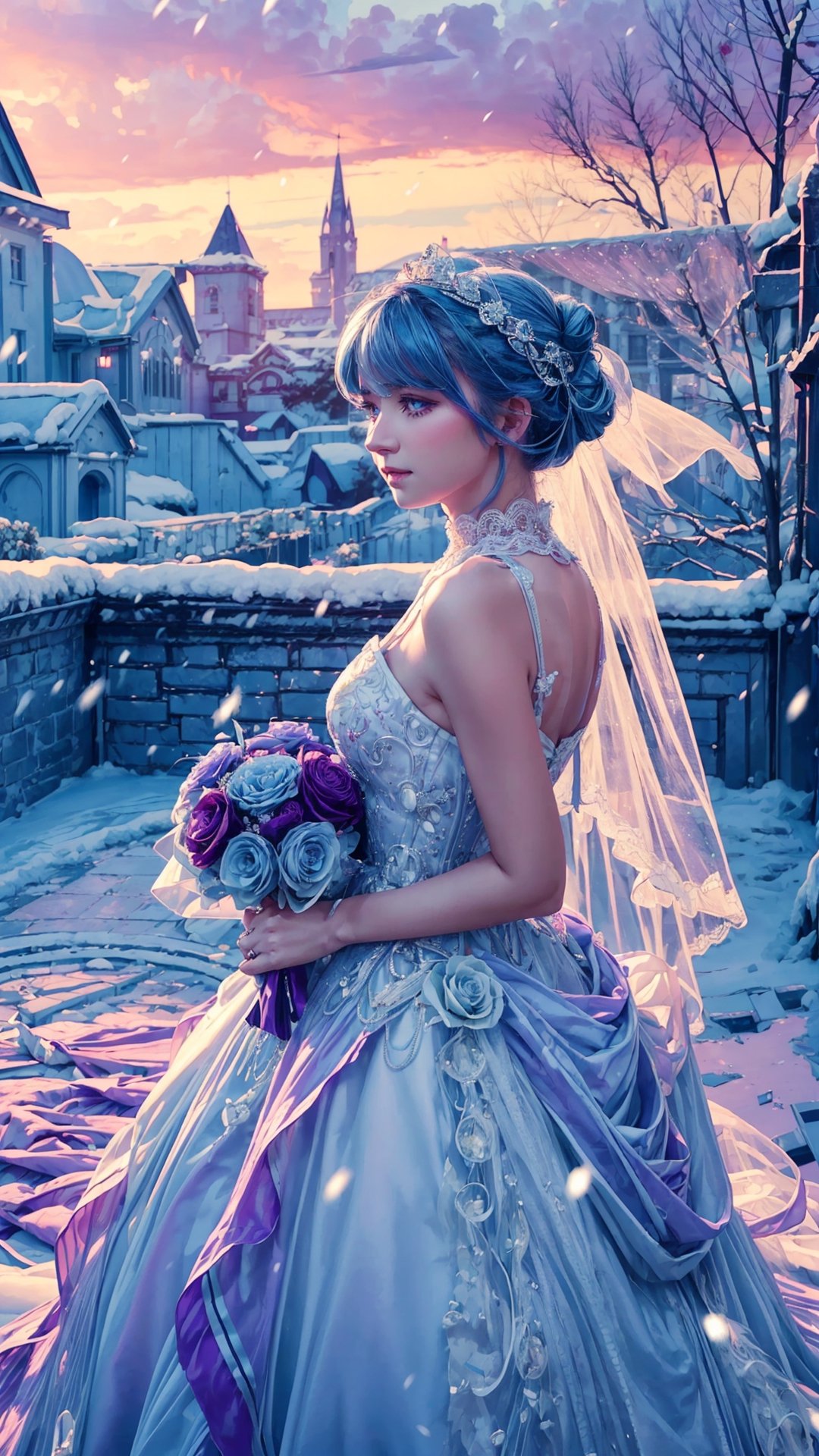 1girl, 19yo, masterpiece, best quality, highly detailed, ice blue hair, purple eyes, vintage updo, delicate lace veil, wearing a white wedding dress, holding a bouquet of red flowers, diamond wedding ring on her finger, outdoor, standing under the falling snow, thick snow on the ground, backlighting from the dusk, dreamy, romanticism