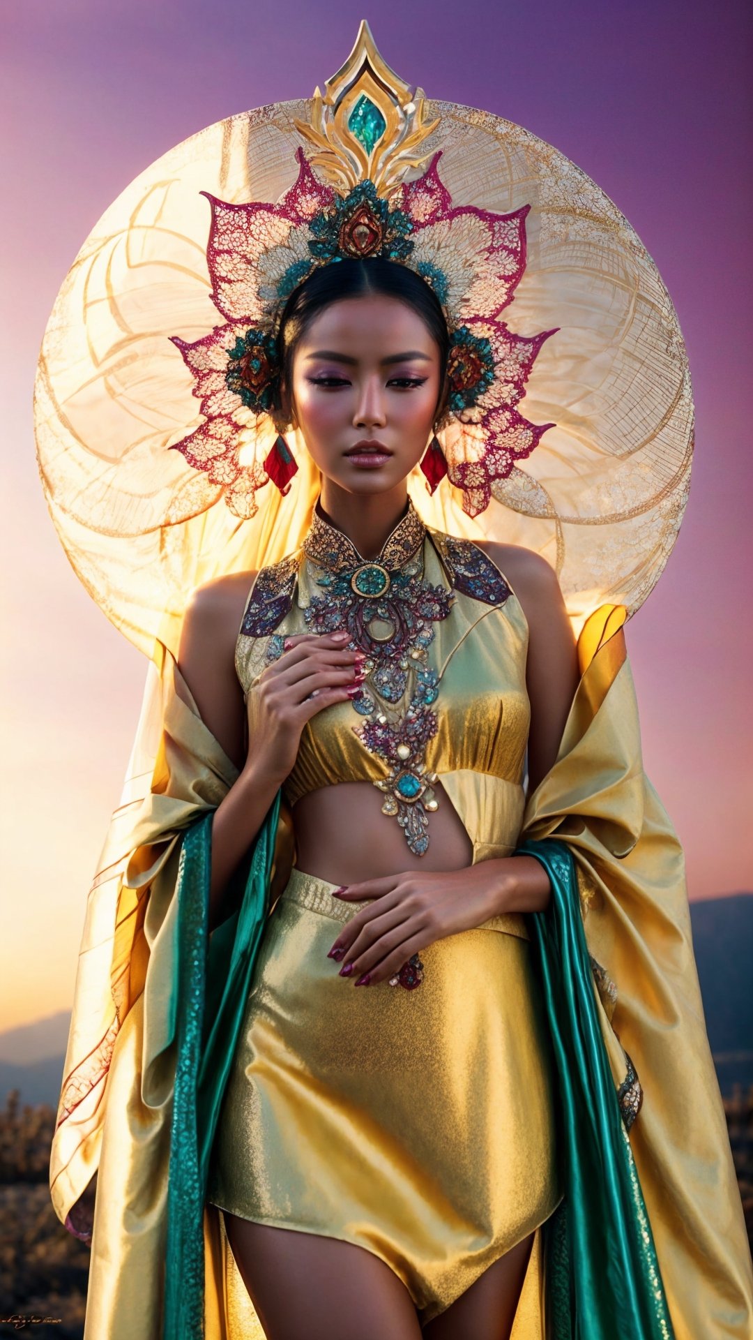 High fashion editorial, Tang dynasty meets Thai silk, celestial alien, twilight desert caravanserai, soft-focus lens, close-ups, golden hour. Model: emerald silk tunic with Tang phoenixes, celestial tattoos, shimmering eyes, jade bangle, ethereal wings. Inspiration: Jim Thompson silks, Guo Pei couture, Iris van Herpen, dreamy focus, celestial magic. Tone: mystical, enchanting, ethereal. Photography style: high-contrast chiaroscuro, close-ups, tilted angles. Tone: mysterious, captivating,lolimix,1 girl,vintage,photorealistic