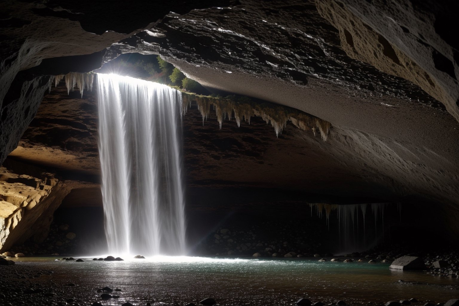 A cascading waterfall plunges through a crystal cavern,  creating a rainbow mist that illuminates sparkling gemstones embe...