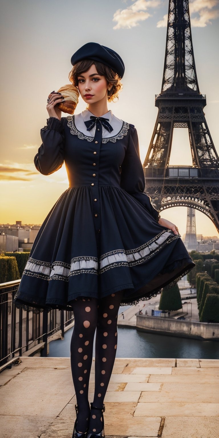 A young woman with a beret and croissant in hand, dressed in a navy blue lolita dress with striped stockings. She poses in front of the Eiffel Tower, capturing the essence of Parisian charm. (Style: Elegant, Parisian, Detailed)
,Masterpiece,glittering,photorealistic,lolimix