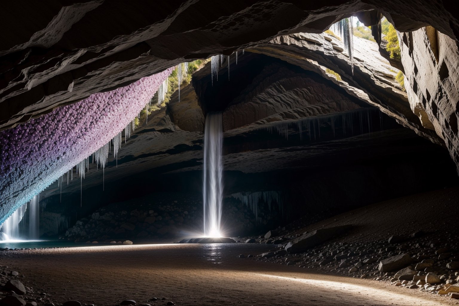 A cascading waterfall plunges through a crystal cavern,  creating a rainbow mist that illuminates sparkling gemstones embe...