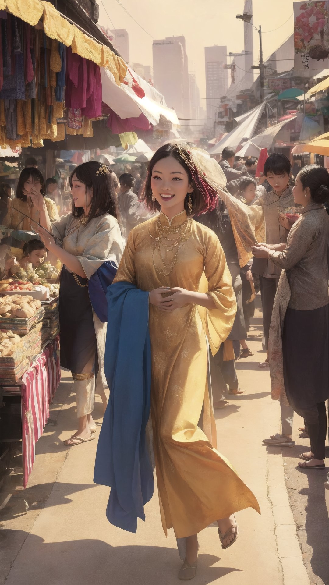 1girl, solo, ultra detailed, hyper realistic, best quality, masterpiece, full body, Golden hour bathes a bustling market in warmth. A woman in a vintage áo dài, adorned with intricate gold threadwork, navigates the vibrant stalls, her smile and laughter blending with the symphony of the city. (Evokes: Joyful spirit, cultural immersion, life and energy), viet_beauty,photorealistic