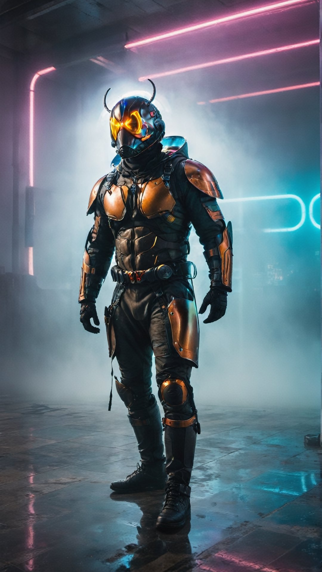 highly detailed, backlighting, silhouette of a man in beetle costume, beetle armor,  beetle wings, futuristic respirator, muscular body, sexy, neon light, misty background, (full body), cyberpunk style,detailmaster2,detailmaster2,Movie Still,xxmixgirl,DonMCyb3rN3cr0XL ,cyberpunk style,aw0k geometry