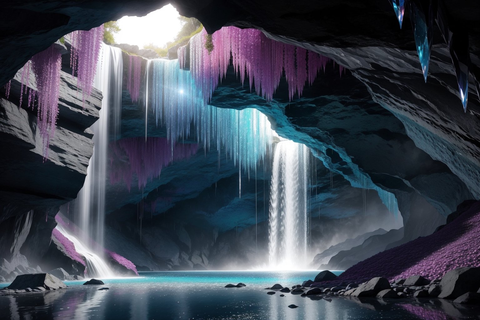 A cascading waterfall plunges through a crystal cavern,  creating a rainbow mist that illuminates sparkling gemstones embe...
