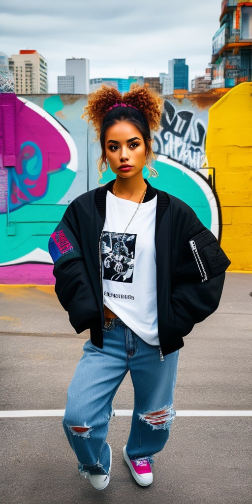 Capture the vibrant essence of urban culture with this stunning high-resolution photograph. A beautiful young woman with piercing grey eyes and blond, wavy hair styled in a casual ponytail. She wears a stylish 90s hip hop outfit: a baggy bomber jacket over a cropped graphic tee, loose-fit jeans, and high-top sneakers. The serene field is replaced by a bustling city street with colorful graffiti art and energetic urban vibes. Her confident gaze meets the viewer's, inviting contemplation amidst the dynamic metropolitan backdrop.