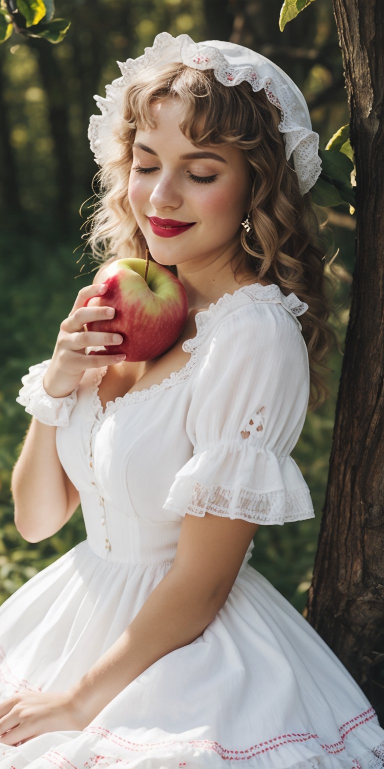  A model in a white lolita dress, cute face, blushed face, shy smile, lips stained crimson from a bitten apple, lies amidst slumbering forest animals. Her smile remains serene,(Style: Eerie Beauty, Sleeping Beauty, Detailed) ,lolimix,Masterpiece