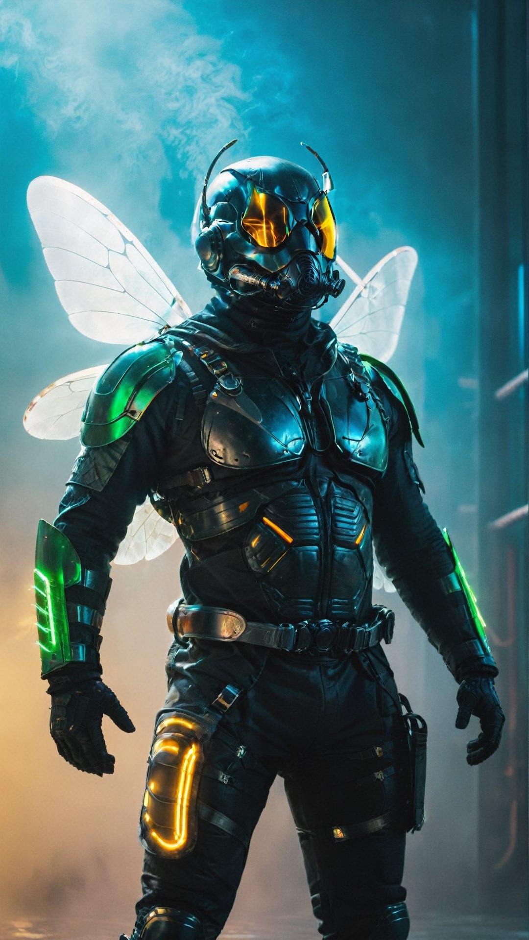 highly detailed, backlighting, silhouette of a man in beetle costume, beetle armor,  beetle wings, futuristic respirator, muscular body, sexy, neon light, misty background, (full body), cyberpunk style,detailmaster2,detailmaster2,Movie Still,xxmixgirl,DonMCyb3rN3cr0XL ,cyberpunk style,aw0k geometry