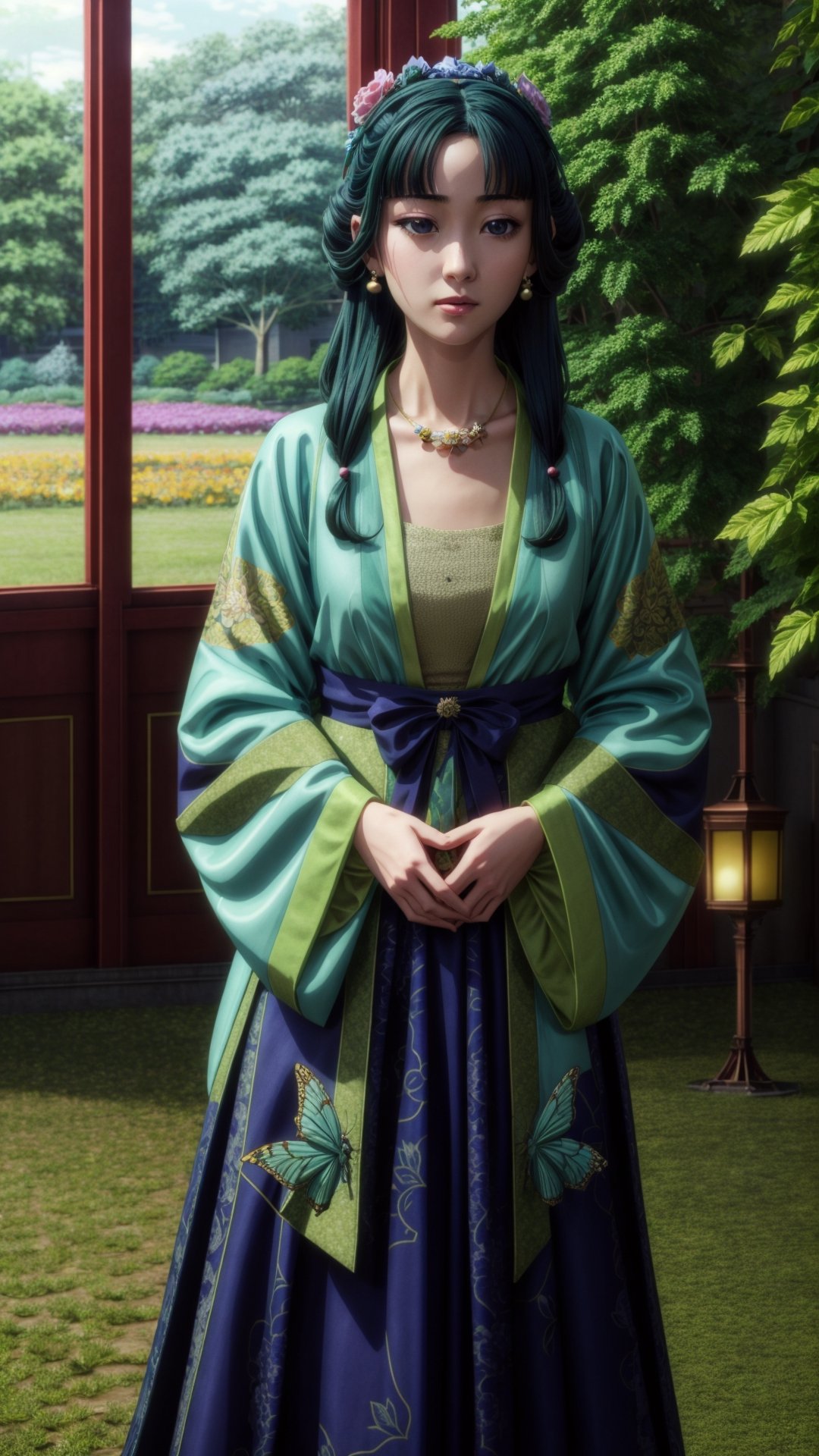 ultra realistic, extremely detailed, maomao,1girl, 16yo, full body, beautiful face, big eyes, cute lips, pale skin, symmetrical hair, (dark green hair), BREAK
,luxurious hanfu with flower-leaves-butterfly patterns, hair ornament, hair flower, emerald earrings, pearl necklace, standing in a fantastic flower field, dreamy vibe, soft focus, high contrast, shot on kodak ultramax 400, cinematic lighting, sleek, sexy pose, Realism,Masterpiece,photorealistic