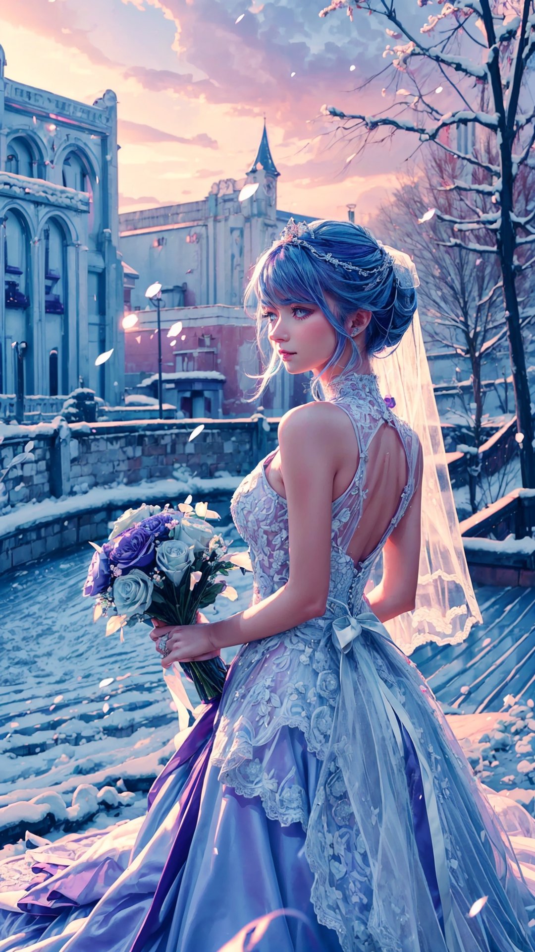 1girl, 19yo, masterpiece, best quality, highly detailed, ice blue hair, purple eyes, vintage updo, delicate lace veil, wearing a white wedding dress, holding a bouquet of red flowers, diamond wedding ring on her finger, outdoor, standing under the falling snow, thick snow on the ground, backlighting from the dusk, dreamy, romanticism