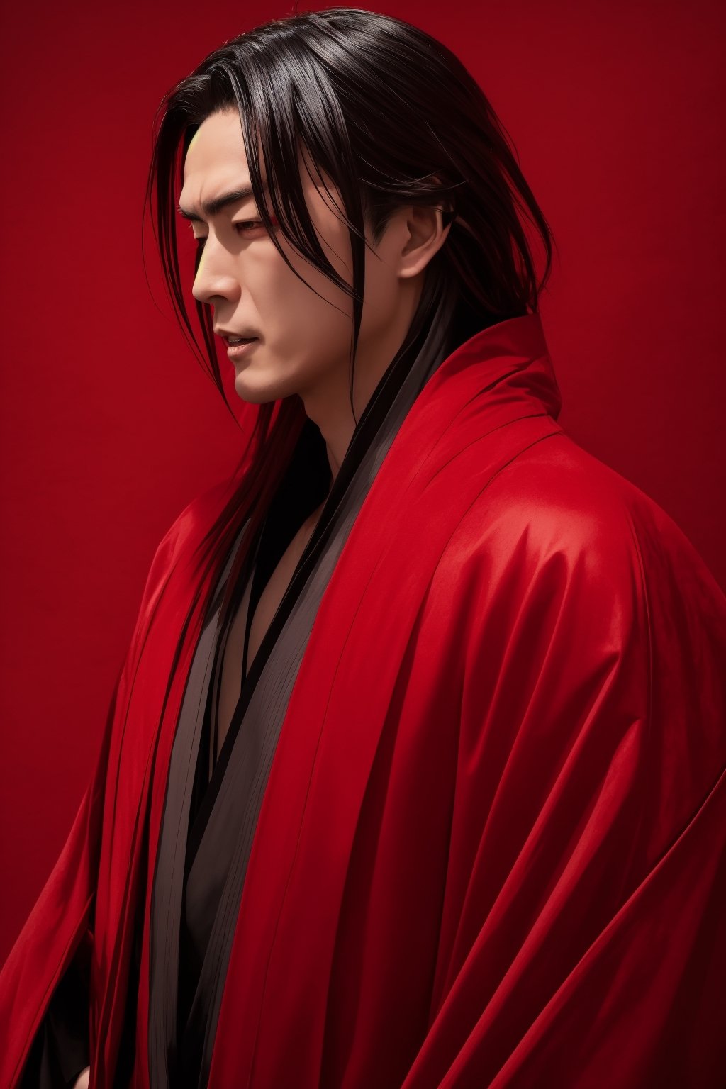 Ultra-realistic, disheveled vampire, Nobunaga Oda transformed into a vampire, crimson robe reminiscent of samurai armor, a dark aura of charisma, sharp red eyes and fangs protruding from lips, strike fear into the hearts of his enemies,peach_boy