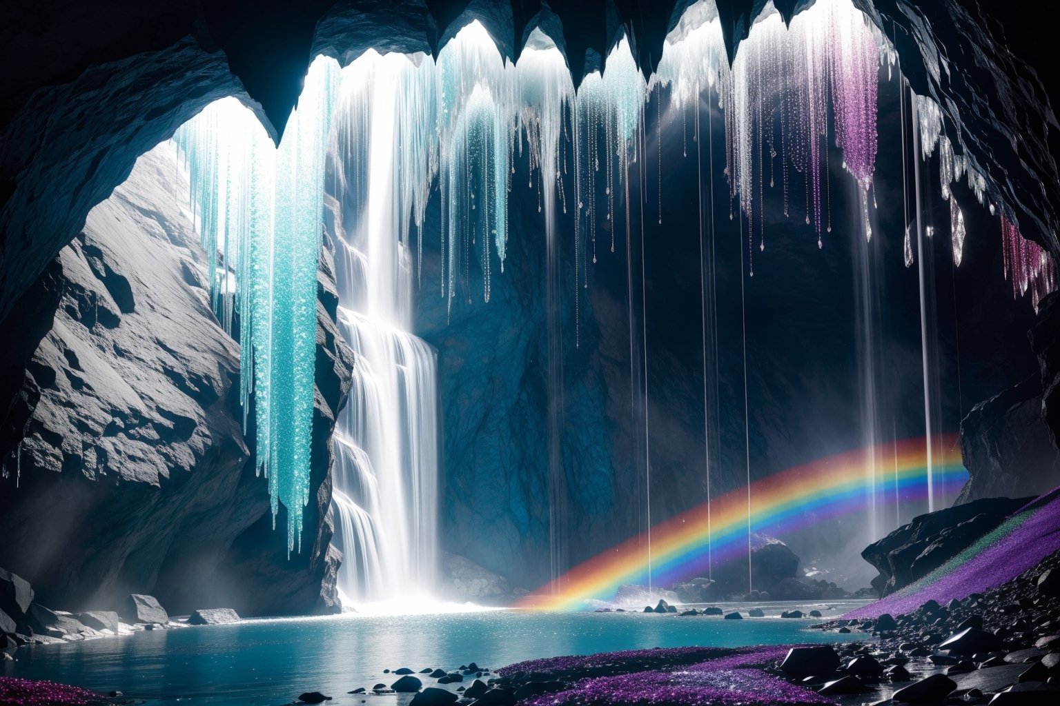 A cascading waterfall plunges through a crystal cavern,  creating a rainbow mist that illuminates sparkling gemstones embe...