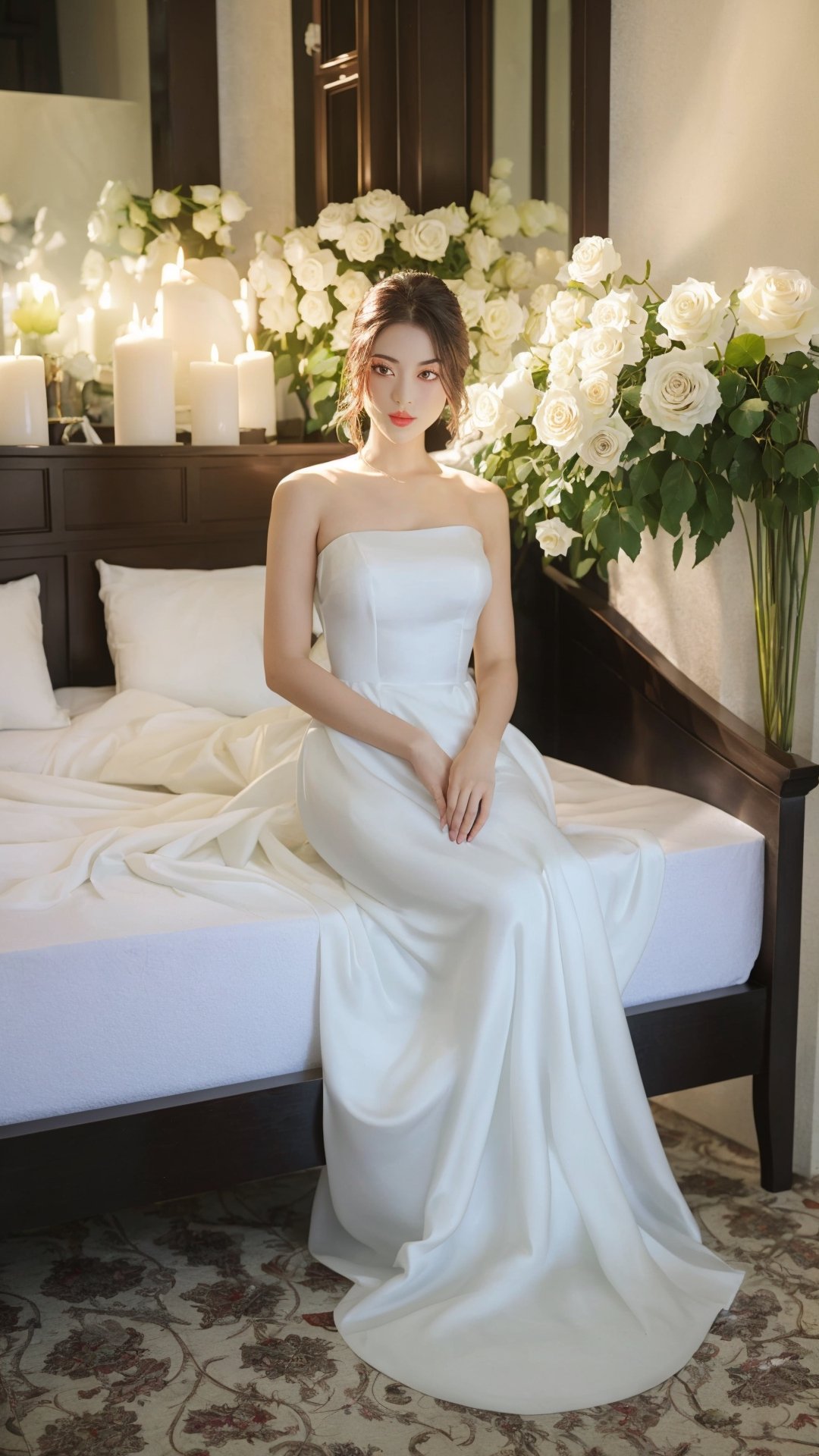 1girl, solo, ultra detailed, hyper realistic, best quality, masterpiece, full body, White bed, white roses, white dress, white candles, viet_beauty,photorealistic