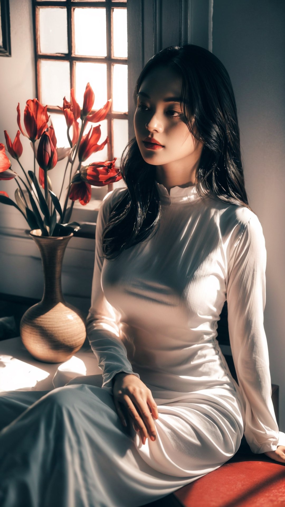 professional photo, 1girl, solo, large breasts, ultra detailed, hyper realistic, best quality, masterpiece, upper body, long black hair, vase of red lilies, white dress, long sleeves, beautiful, sitting , dim lit delicate room, blue light, detailed face, indoor, viet_beauty,photorealistic,1 girl