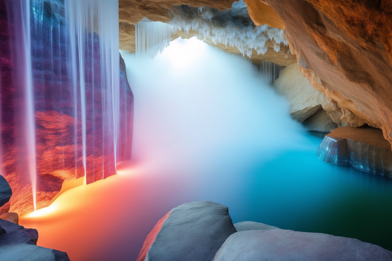A cascading waterfall plunges through a crystal cavern,  creating a rainbow mist that illuminates sparkling gemstones embe...