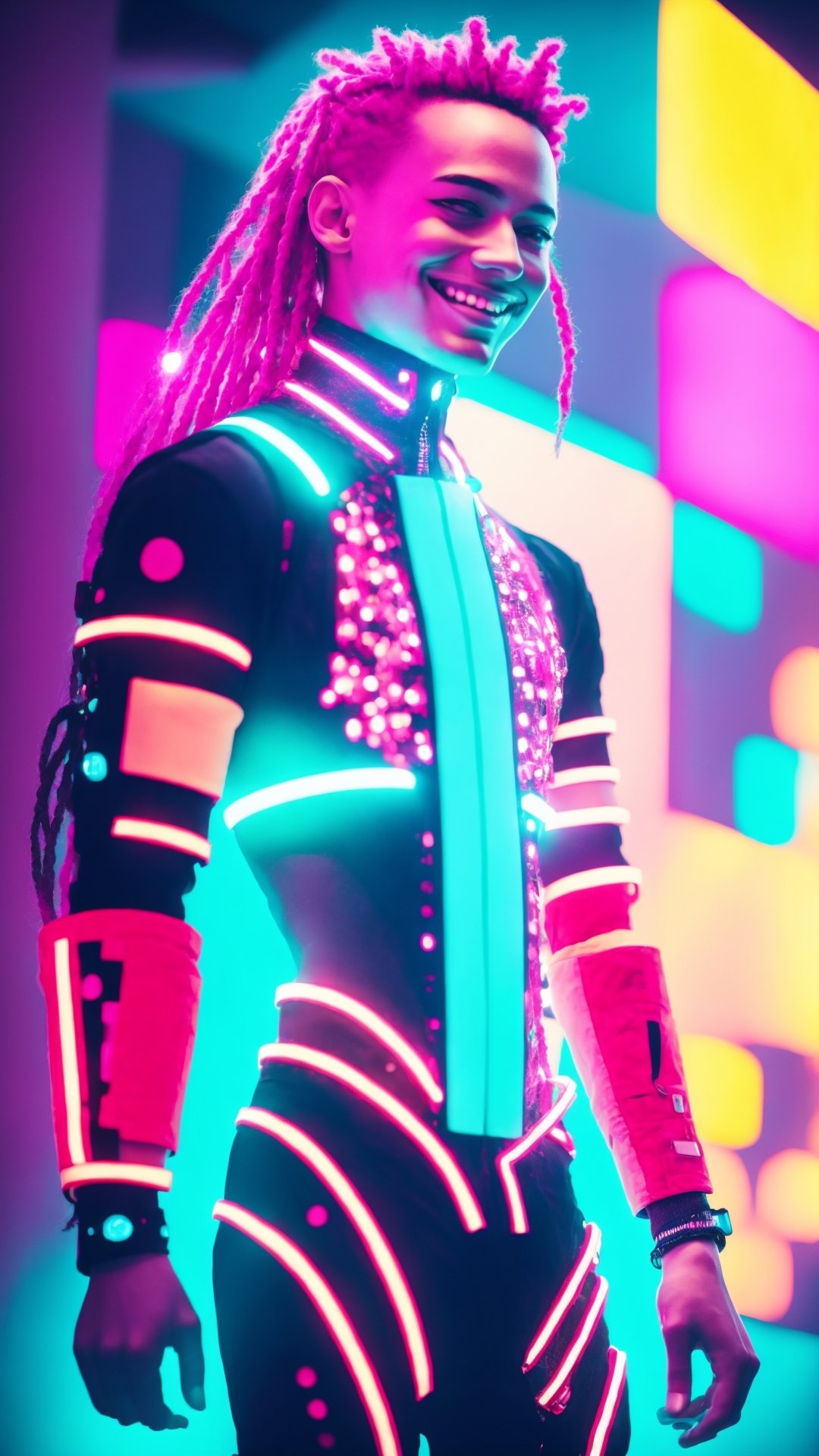  young man with vibrant dreadlocks and a mischievous grin, wearing a high-tech bodysuit that acts as a musical instrument. The suit is covered in glowing pads and sensors, which he manipulates to create pulsing electronic beats and light shows. The pose is energetic and playful, as he performs for a crowd under the cyberpunk night sky, cyber_armor,photorealistic,cyber_armor