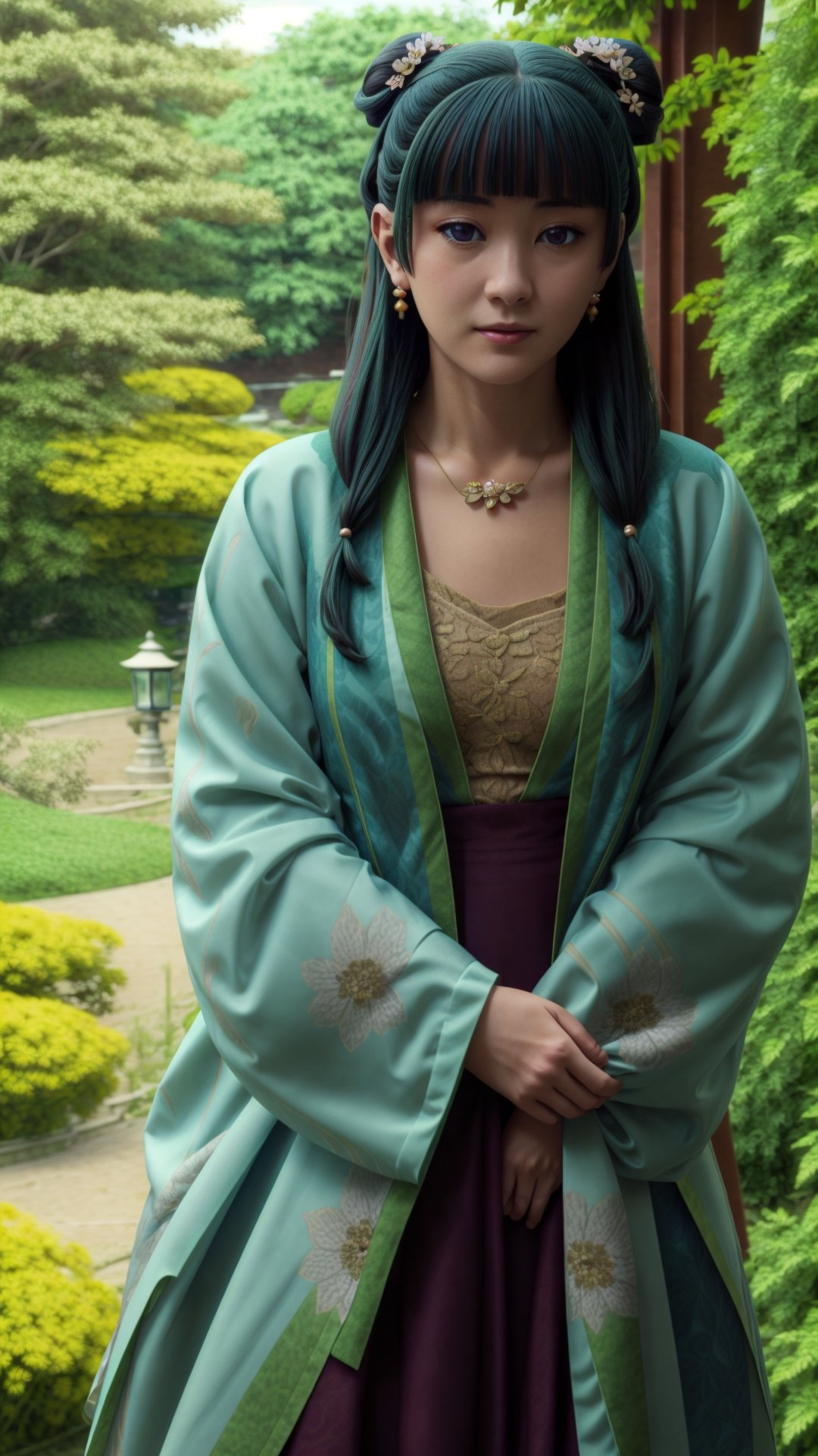 ultra realistic, extremely detailed, maomao,1girl, 16yo, full body, beautiful face, big eyes, cute lips, pale skin, symmetrical hair, (dark green hair), BREAK
,luxurious hanfu with flower-leaves-butterfly patterns, hair ornament, hair flower, emerald earrings, pearl necklace, standing in a fantastic flower field, dreamy vibe, soft focus, high contrast, shot on kodak ultramax 400, cinematic lighting, sleek, sexy pose, Realism,Masterpiece,photorealistic,Realism