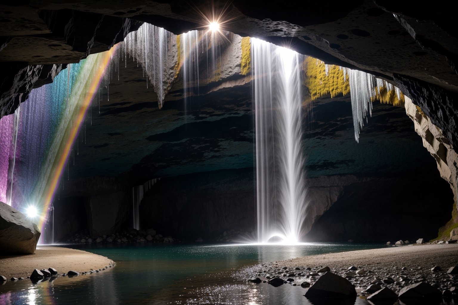 A cascading waterfall plunges through a crystal cavern,  creating a rainbow mist that illuminates sparkling gemstones embe...