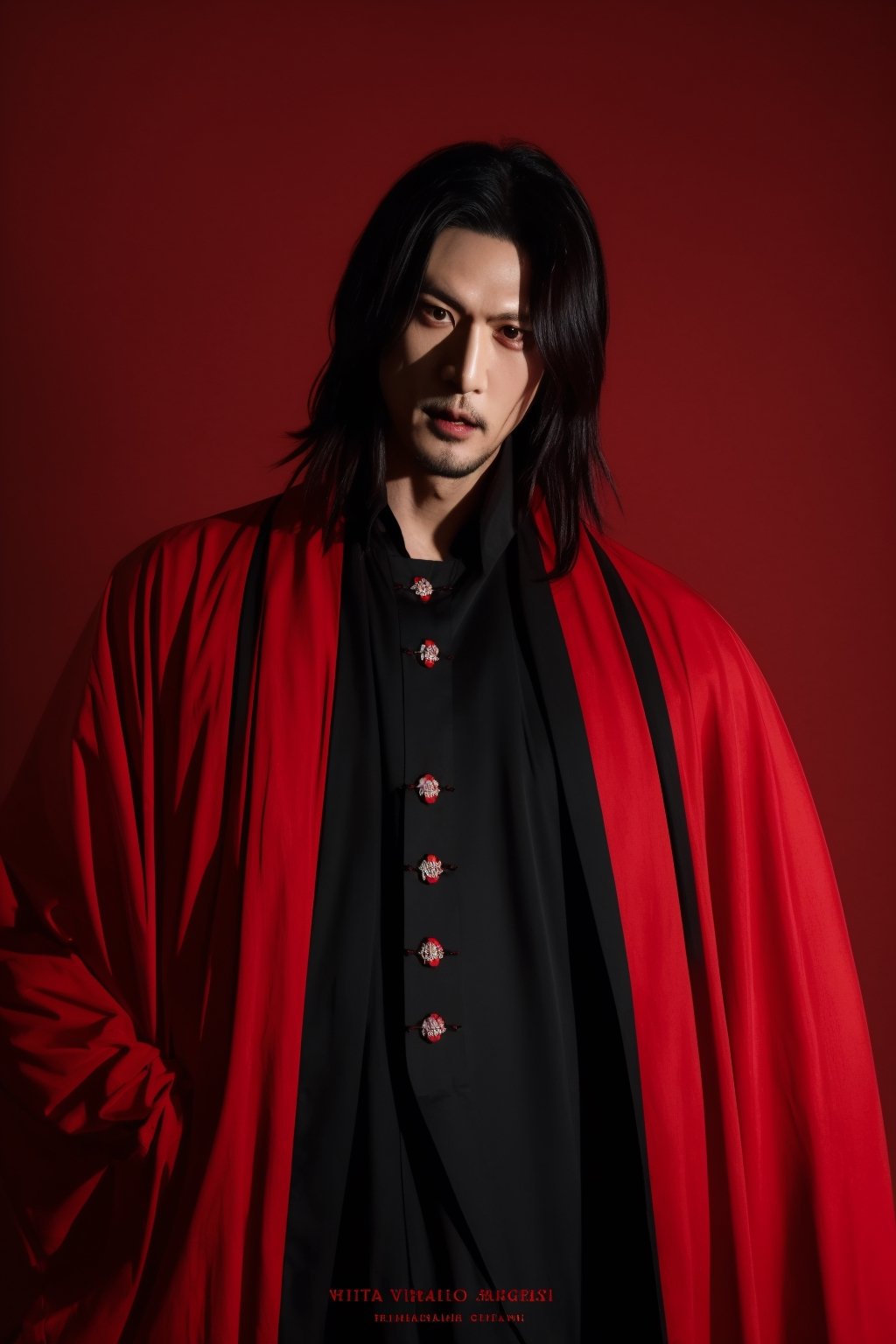 Ultra-realistic, disheveled vampire, Nobunaga Oda transformed into a vampire, crimson robe reminiscent of samurai armor, a dark aura of charisma, sharp red eyes and fangs protruding from lips, strike fear into the hearts of his enemies,peach_boy