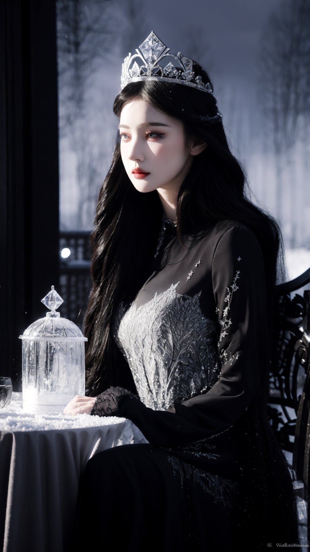 best quality,ultra-detailed,realistic,dark queen,snow,beautiful detailed eyes,long flowing hair,regal crown,dark makeup,pale skin,black dress,gloomy atmosphere,haunting shadows,mysterious,enchanted winter landscape,moonlight,queen's palace,ice crystals,frozen roses,ethereal beauty,cold breath,strong presence,stormy sky,ominous clouds,silent snowfall,glistening snowflakes,icy throne,winter spirit,drama and elegance,gothic art style,subtle color palette,luminous moonlight,soft candlelight,emotive lighting,contrasting highlights and shadows.